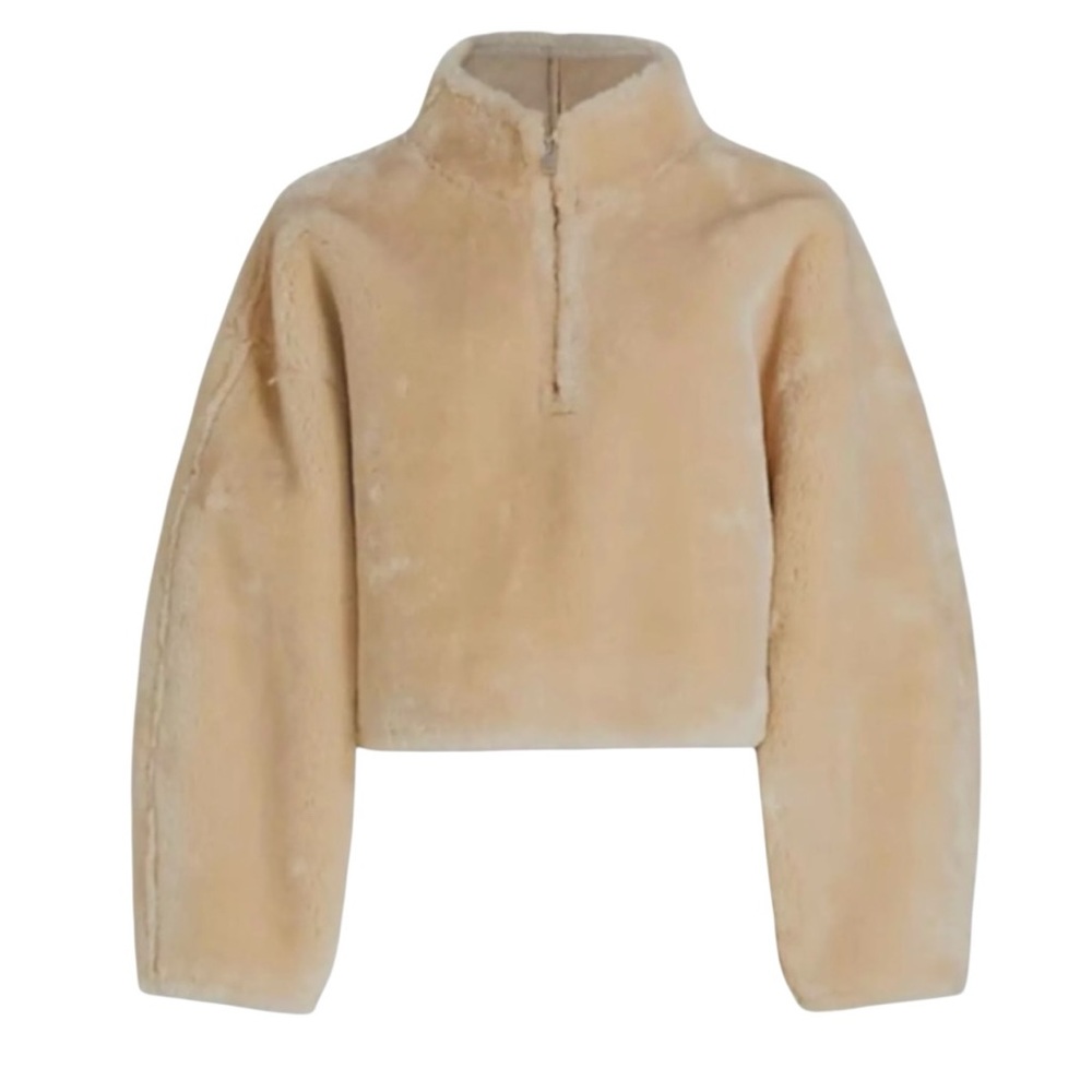 NWT FRAME Faux Fur Balloon Sleeve Mock Neck Half Zip Popover Jacket, Size S